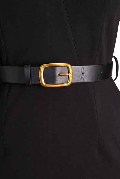 Elegant Black Midi Dress with Belt and Mandarin Collar