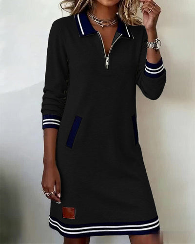 Zipper Lapel Long Sleeve Dress