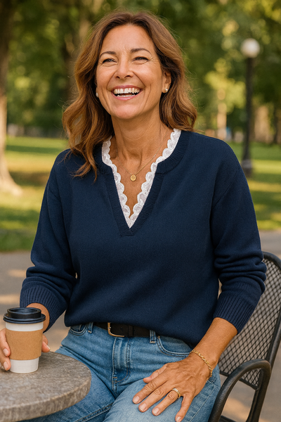 Evadine | V-Neck Lace Trim Knit – Effortless Style, All-Day Comfort