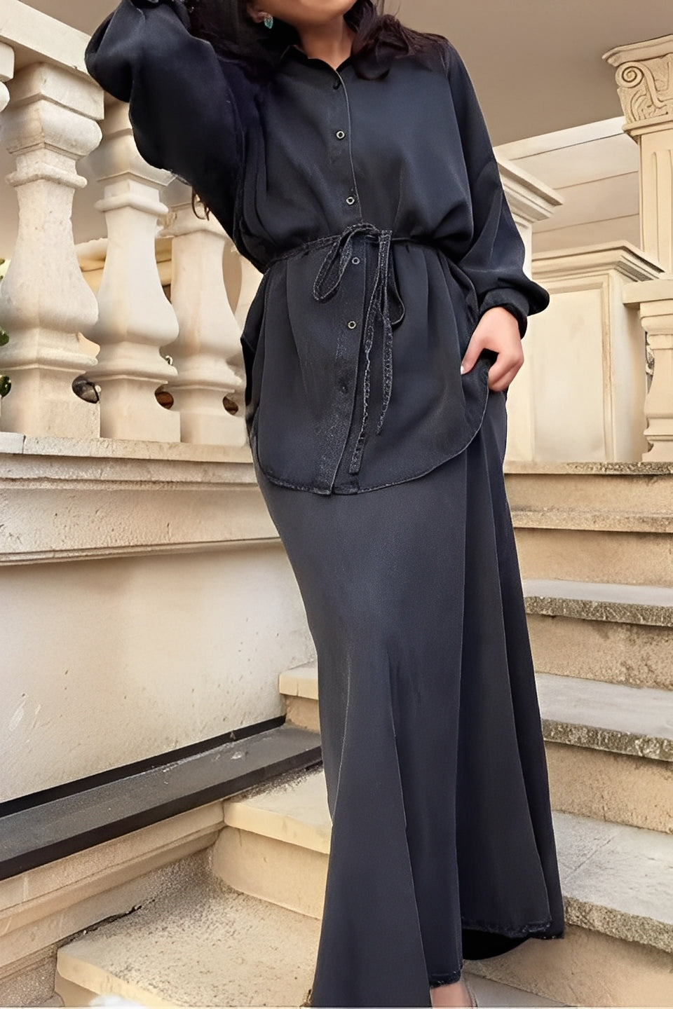 Evelore | Long-Sleeve Tie-Drawstring Shirt and Skirt Set - Effortless Elegance for Daily Confidence