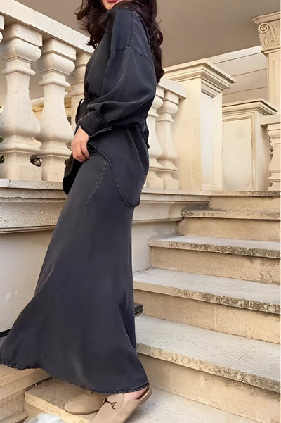 Evelore | Long-Sleeve Tie-Drawstring Shirt and Skirt Set - Effortless Elegance for Daily Confidence